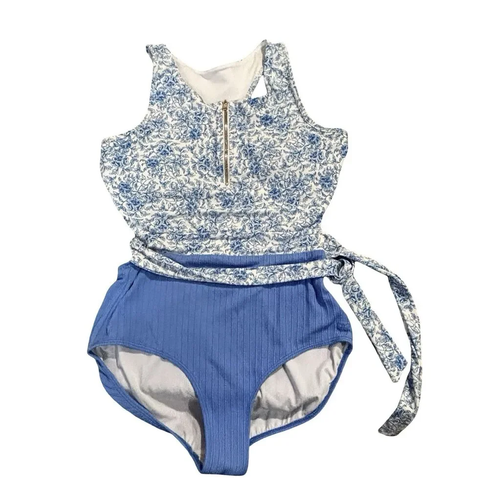 Albion 1 Pc Swimsuit Blue White Floral Tank Top Front Zipper Open Back Womens XL